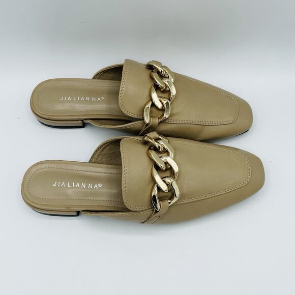 JiaLianNa Shoes Womens Size 7.5 Beige Brown Comfort Mules Heels Gold Chain Slip - Picture 4 of 10